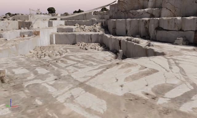 Photogrammetric survey render of stepped extraction benches at LEONTI's quarry in Pinoso, Alicante