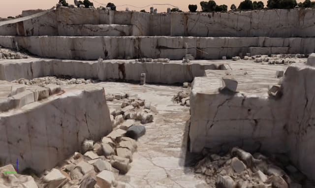 Photogrammetric survey render of cut blocks and extraction faces at LEONTI's quarry in Pinoso, Alicante
